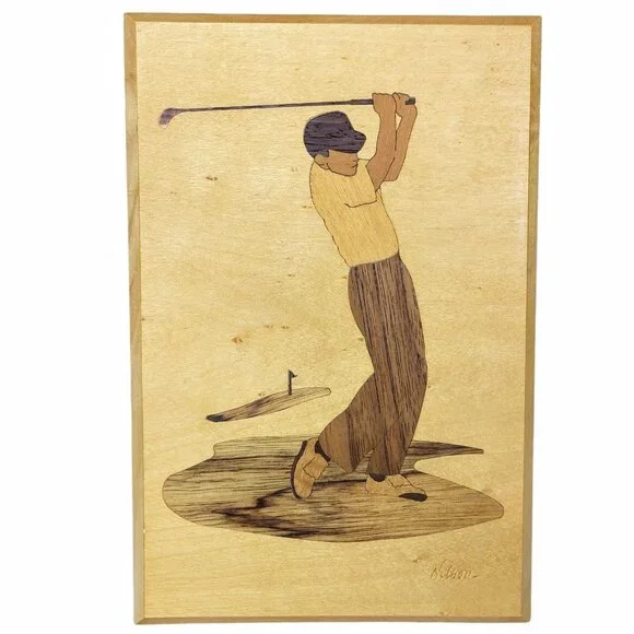 Wood Inlay Marquetry Golf Driver Art By Jeff Nelson Signed 9"x6" - Picture 1 of 6